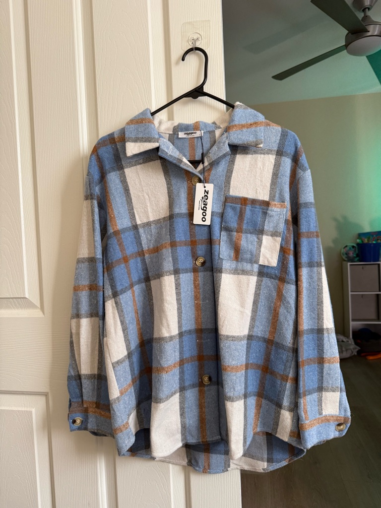 Zeagoo Blue White Tan Plaid Flannel